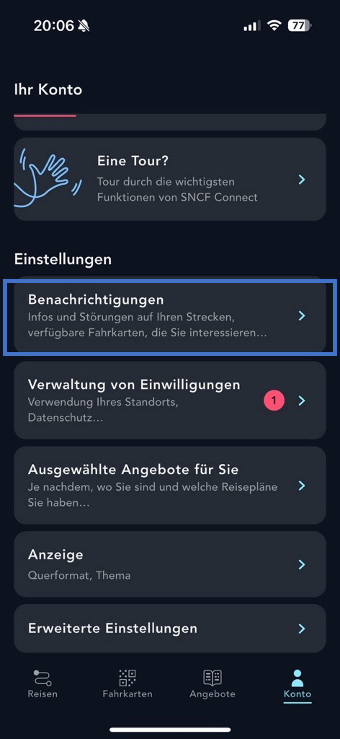 Visuelle Veranschaulichung des Bereichs Benachrichtigungen der SNCF Connect-Anwendung.