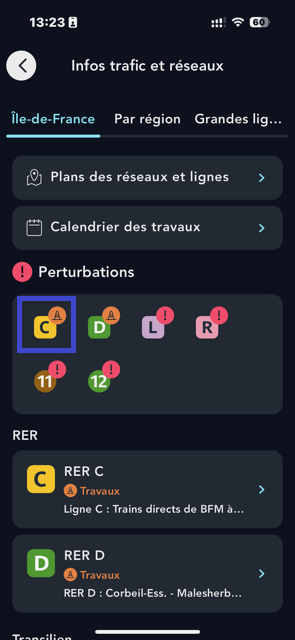 visuel d'une capture écran de l'info trafic en Ile de France