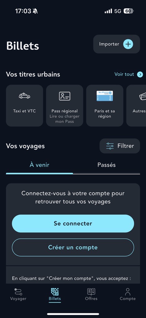 Ecran de la rubrique Billets sur l'application SNCF Connect