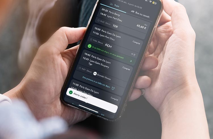 Visuel illustrant la création d'une alerte train complet sur l'appli SNCF Connect